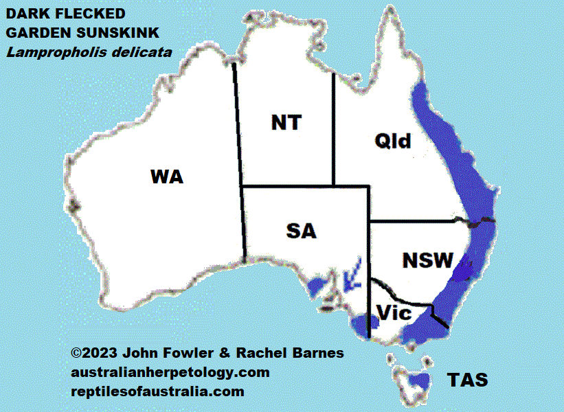 Approximate distribution of the Dark-flecked Garden Sunskink Lampropholis delicata