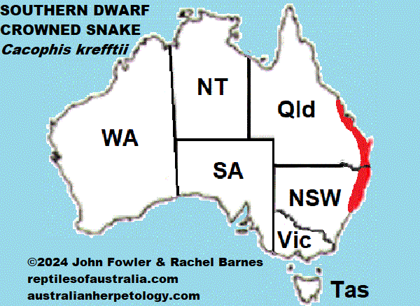 Approximate distribution of the Southern Dwarf Crowned Snake Cacophis krefftii 