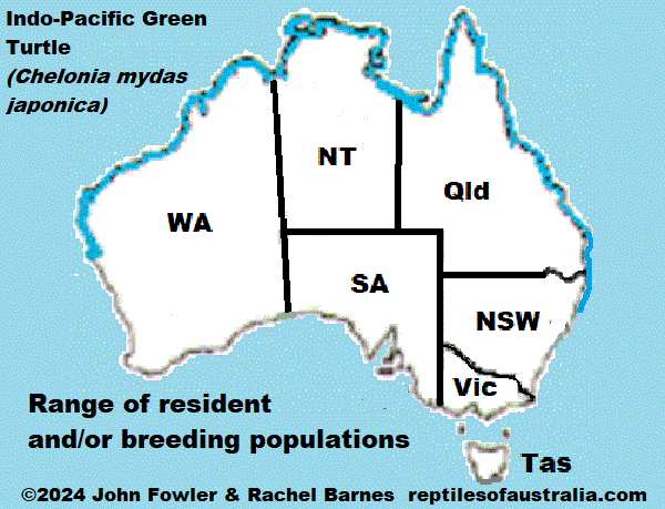 GREEN TURTLE chelonia mydas THE REPTILES OF AUSTRALIA map